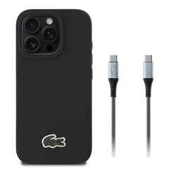 Apple iPhone 16 Pro Kılıf Lacoste Orjinal Lisanslı PU Pike Desenli Arka Yüzey İkonik Timsah Dokuma Logolu Kapak + Type-C Kablo 1.5m