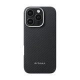 Apple iPhone 16 Pro Kılıf M-safe Şarj Özellikli 600D Aramid Fiber Pitaka Ultra-Slim Classic Serisi Black-Grey Twill Kapak