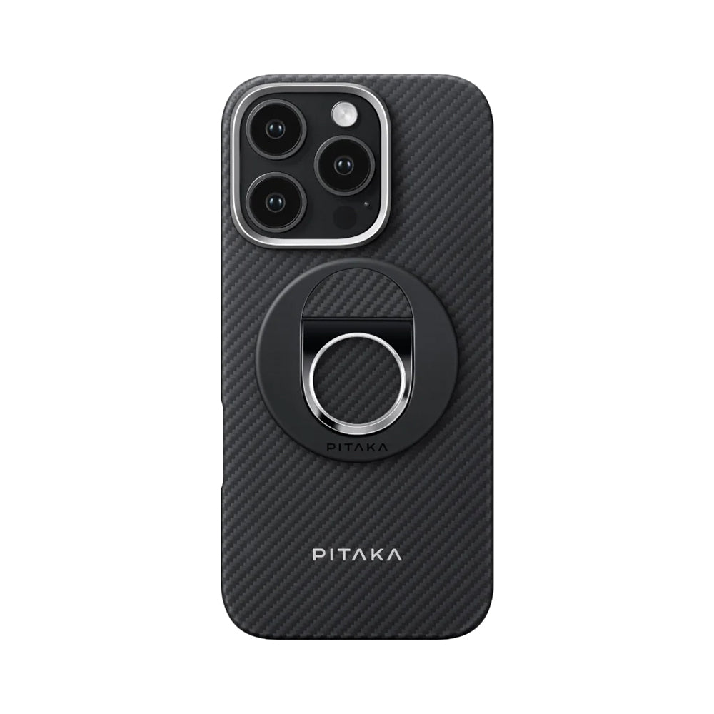 Apple iPhone 16 Pro Kılıf M-safe Şarj Özellikli Grip 3 Standlı Aramid Fiber Pitaka Military Grade Classic Serisi Black-Grey Twill Kapak