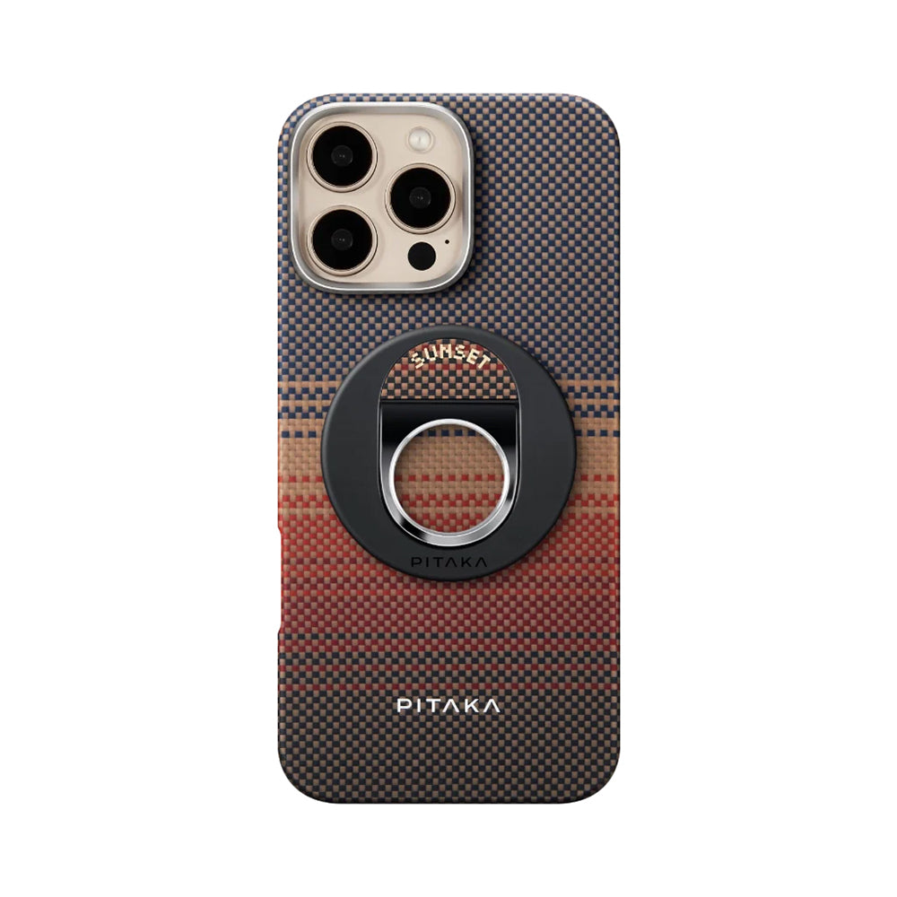 Apple iPhone 16 Pro Kılıf M-safe Şarj Özellikli Grip 3 Standlı Aramid Fiber Pitaka Tactile Woven Sunset-Moonrise Serisi Sunset Kapak
