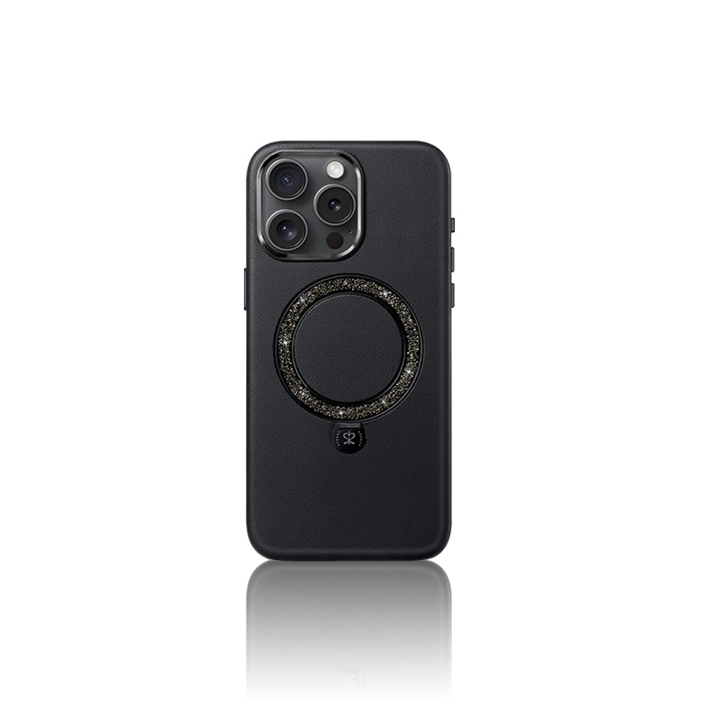 Apple iPhone 16 Pro Kılıf M-safe Şarj Özellikli Standlı Suni Deri Tasarımlı Pynana Dancing Circle Serisi Kapak