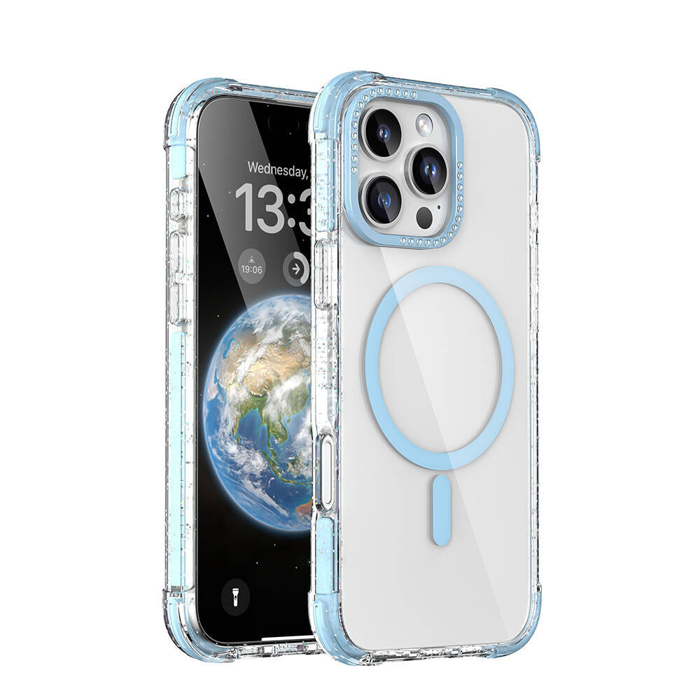 Apple iPhone 16 Pro Kılıf M-safe Şarj Özellikli Taşlı ve Simli Tasarım Mutural Blink Kapak