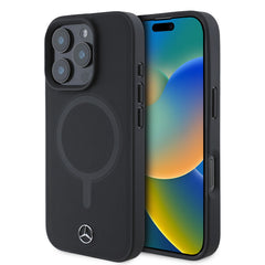 Apple iPhone 16 Pro Kılıf Mercedes Benz M-safe Şarj Özellikli Yumuşak Deri Orjinal Lisanslı Kapak