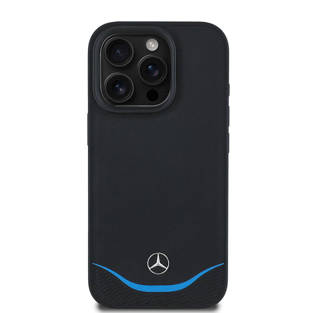 Apple iPhone 16 Pro Kılıf Mercedes Benz Orjinal Lisanslı M-safe Şarj Özellikli 3D Metal Logolu Mavi Yatay Eğri Çizgili Deri Kapak