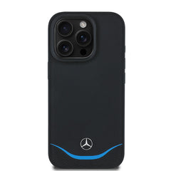 Apple iPhone 16 Pro Kılıf Mercedes Benz Orjinal Lisanslı M-safe Şarj Özellikli 3D Metal Logolu Mavi Yatay Eğri Çizgili Deri Kapak