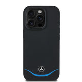 Apple iPhone 16 Pro Kılıf Mercedes Benz Orjinal Lisanslı M-safe Şarj Özellikli 3D Metal Logolu Mavi Yatay Eğri Çizgili Deri Kapak