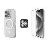 Apple iPhone 16 Pro Max Guess Orjinal Lisanslı 3'lü Aksesuar Seti IML Baskılı Simli Glitter Kılıf + Ekran Koruyucu + Lens Koruyucu