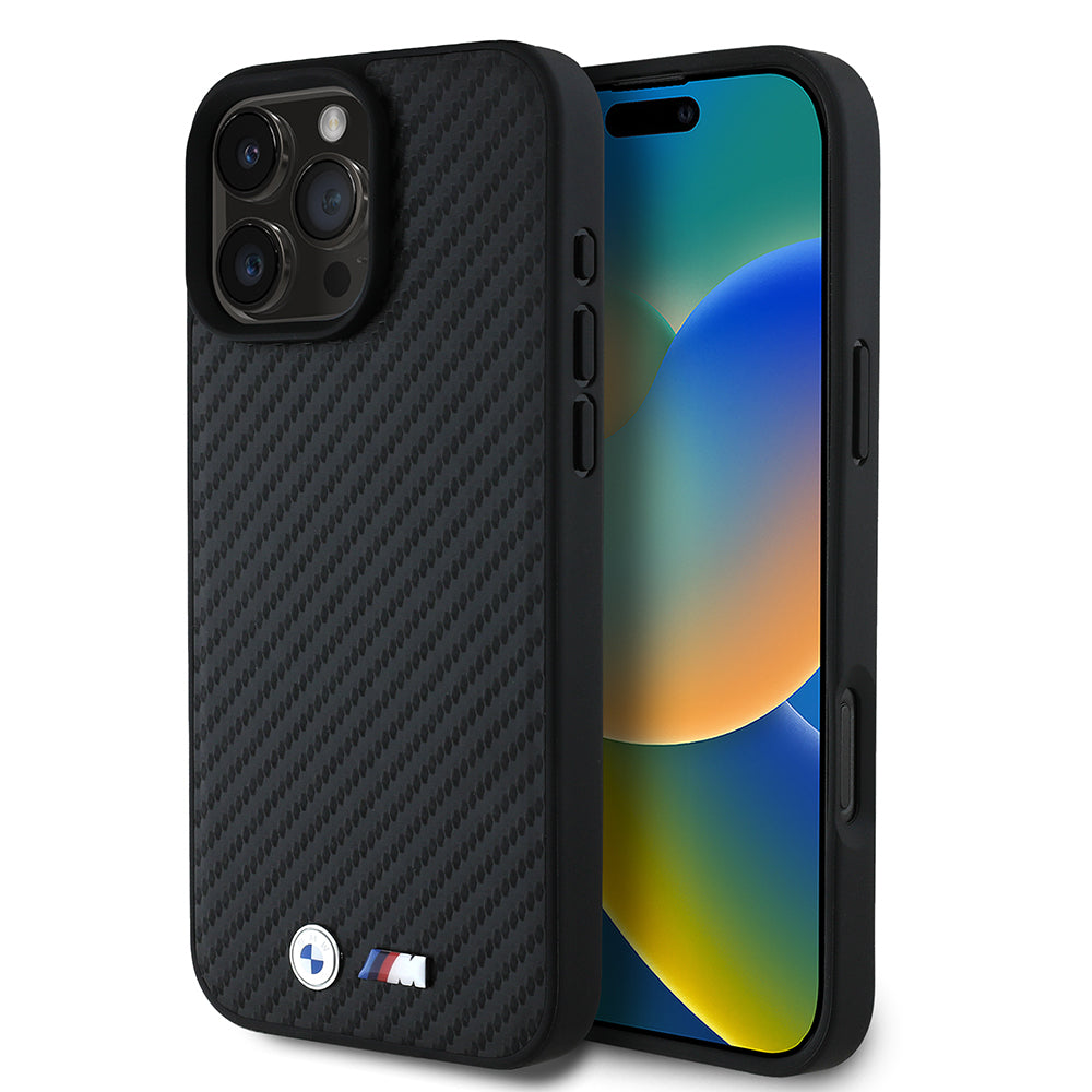 Apple iPhone 16 Pro Max Kılıf BMW Orjinal Lisanslı Karbon Fiber Tasarımlı ve Metal Logolu PU Deri Kapak