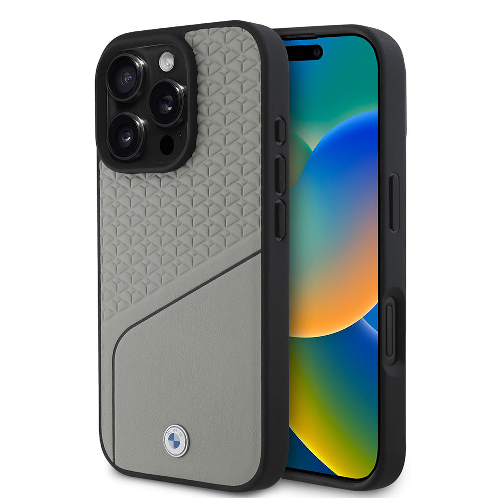 Apple iPhone 16 Pro Max Kılıf BMW Orjinal Lisanslı M-safe Şarj Özellikli Metal Logolu Dokulu ve Çizgili Deri Kapak