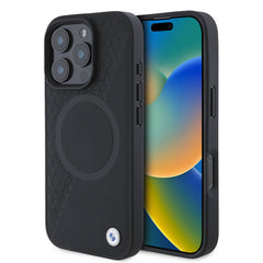 Apple iPhone 16 Pro Max Kılıf BMW Orjinal Lisanslı M-safe Şarj Özellikli Metal Logolu Yarım Dokulu Circle Deri Kapak