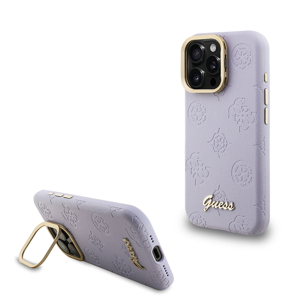 Apple iPhone 16 Pro Max Kılıf Guess Orjinal Lisanslı M-safe Şarj Özellikli Sıcak Baskılı Yazı Logolu Kamera Standlı PU Deri Peony Kapak