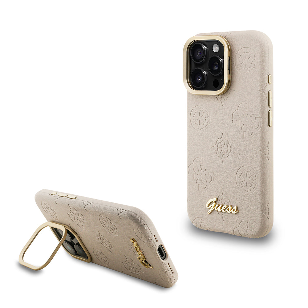 Apple iPhone 16 Pro Max Kılıf Guess Orjinal Lisanslı M-safe Şarj Özellikli Sıcak Baskılı Yazı Logolu Kamera Standlı PU Deri Peony Kapak