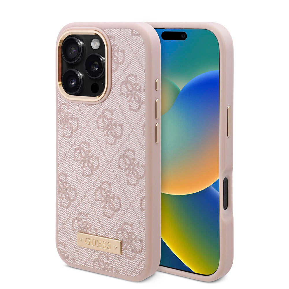 Apple iPhone 16 Pro Max Kılıf Guess Orjinal Lisanslı M-safe Şarj Özellikli 4G Desenli PU Metal Plaka Klasik Logolu Kapak