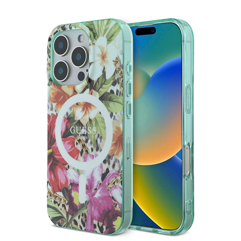 Apple iPhone 16 Pro Max Kılıf Guess Orjinal Lisanslı M-safe Şarj Özellikli IML Baskılı Jungle Ring Kapak