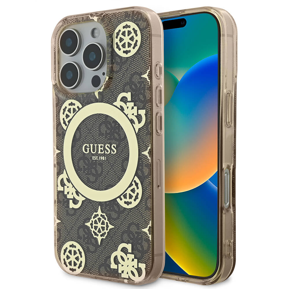 Apple iPhone 16 Pro Max Kılıf Guess Orjinal Lisanslı M-safe Şarj Özellikli IML Peony ve 4G Desenli Klasik Logolu Kapak