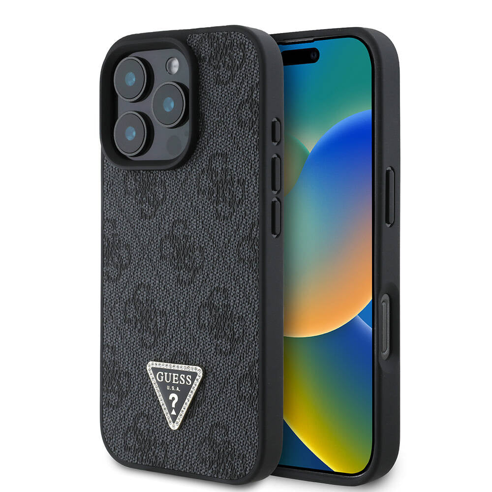 Apple iPhone 16 Pro Max Kılıf Guess Orjinal Lisanslı M-safe Şarj Özellikli PU Deri 4G Desenli Taşlı Üçgen Logolu Kapak