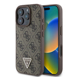 Apple iPhone 16 Pro Max Kılıf Guess Orjinal Lisanslı M-safe Şarj Özellikli PU Deri 4G Desenli Taşlı Üçgen Logolu Kapak
