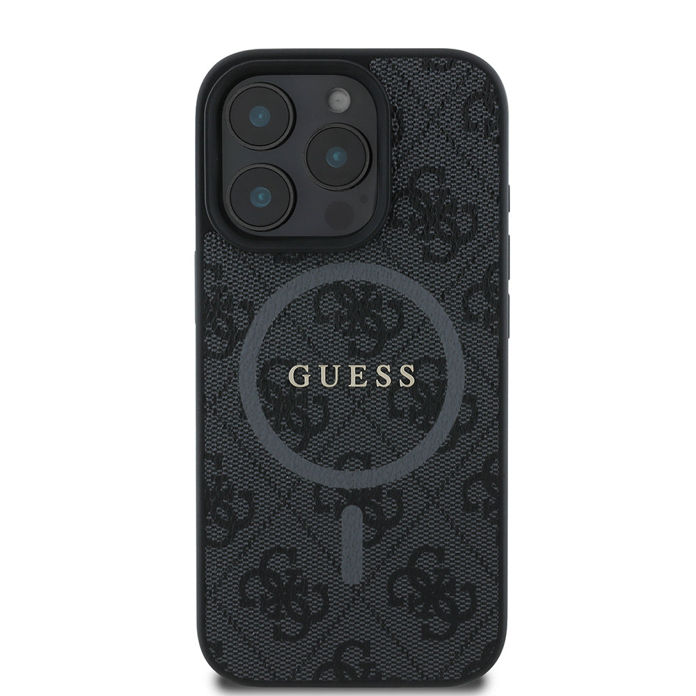 Apple iPhone 16 Pro Max Kılıf Guess Orjinal Lisanslı M-safe Şarj Özellikli PU Halkalı 4G Desenli Yazı Logolu Kapak