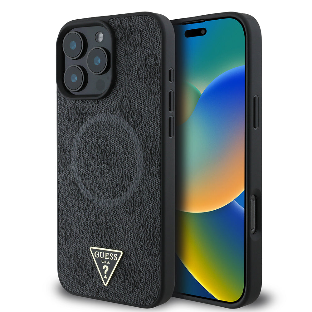 Apple iPhone 16 Pro Max Kılıf Guess Orjinal Lisanslı M-safe Şarj Özellikli PU Üçgen Logo 4G Desenli Kapak