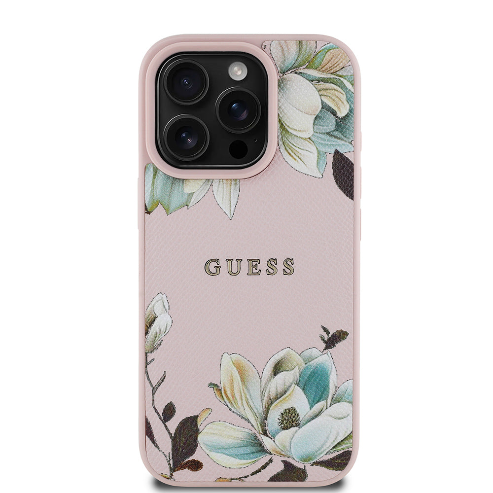 Apple iPhone 16 Pro Max Kılıf Guess Orjinal Lisanslı M-safe Şarj Özellikli Taneli Çiçek Tasarımlı Metal Yazı Logolu Kapak