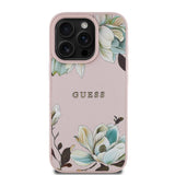 Apple iPhone 16 Pro Max Kılıf Guess Orjinal Lisanslı M-safe Şarj Özellikli Taneli Çiçek Tasarımlı Metal Yazı Logolu Kapak