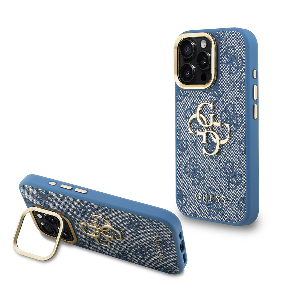 Apple iPhone 16 Pro Max Kılıf Guess Orjinal Lisanslı PU Deri 4G Desenli Metal Büyük 4G ve Yazı Logolu Kamera Standlı Kapak