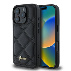 Apple iPhone 16 Pro Max Kılıf Guess Orjinal Lisanslı PU Deri Metal Yazı Logolu Kapitone Kapak