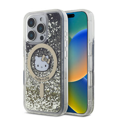 Apple iPhone 16 Pro Max Kılıf Hello Kitty Orjinal Lisanslı M-safe Şarj Özellikli IML Baskı Kitty Head Logolu Sıvılı Simli Altın Ateşi Kapak