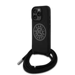 Apple iPhone 16 Pro Max Kılıf Karl Lagerfeld Orjinal Lisanslı Askı İpli Taşlı KL Yazılı Crossbody Cord Kapak