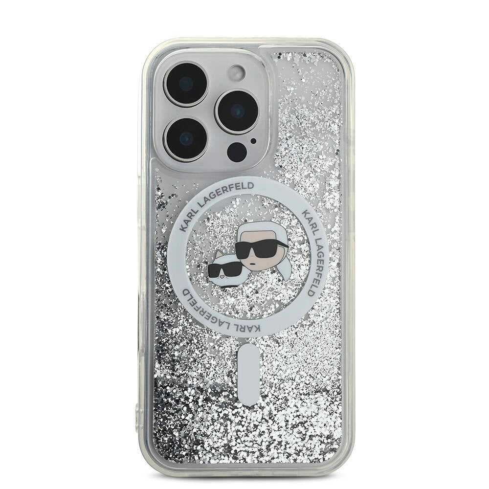 Apple iPhone 16 Pro Max Kılıf Karl Lagerfeld Orjinal Lisanslı M-safe Şarj Özellikli Sıvılı Simli KC Heads Kapak