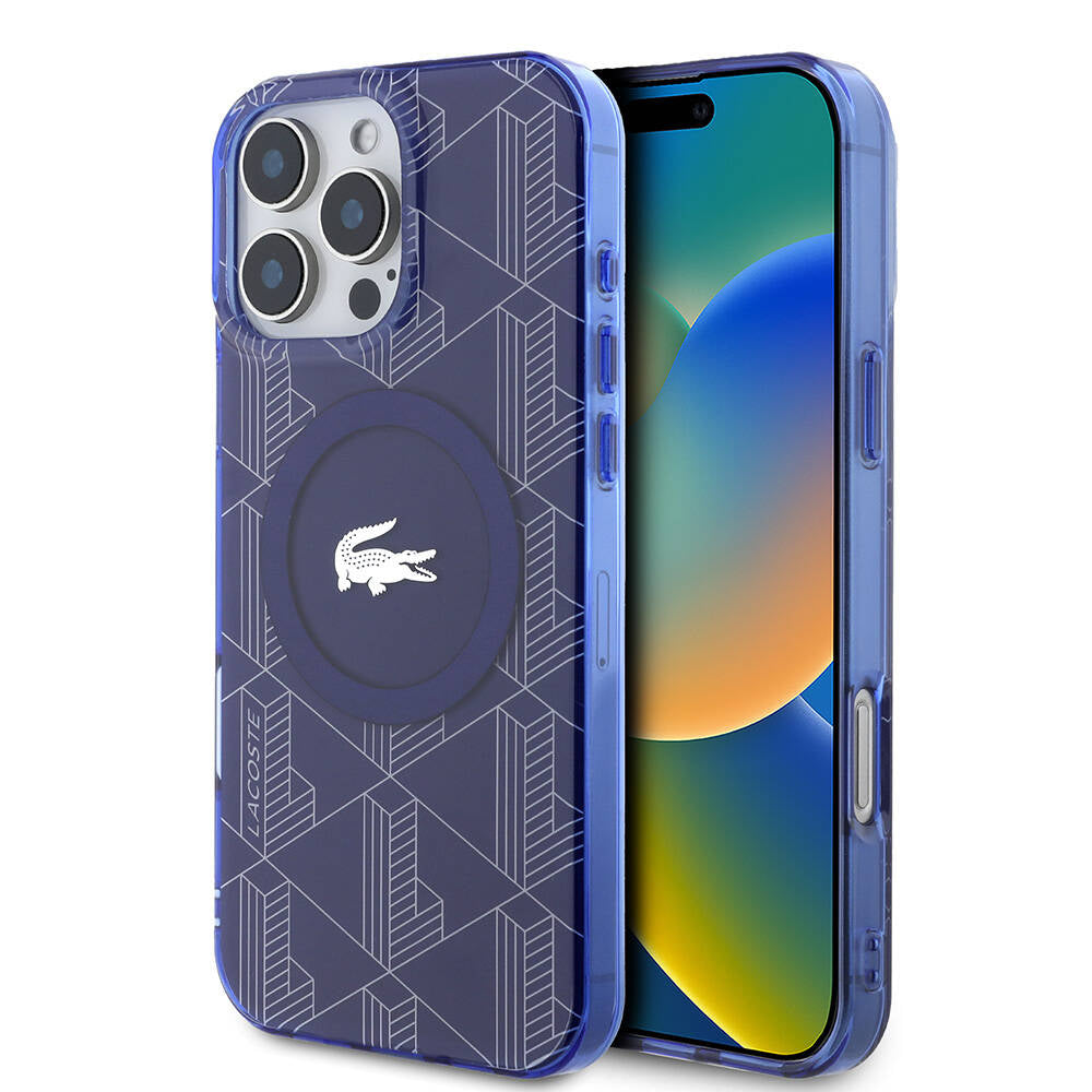 Apple iPhone 16 Pro Max Kılıf Lacoste Orjinal Lisanslı M-safe Şarj Özellikli IML Baskılı Gümüş Timsah Logolu Monogram Kapak