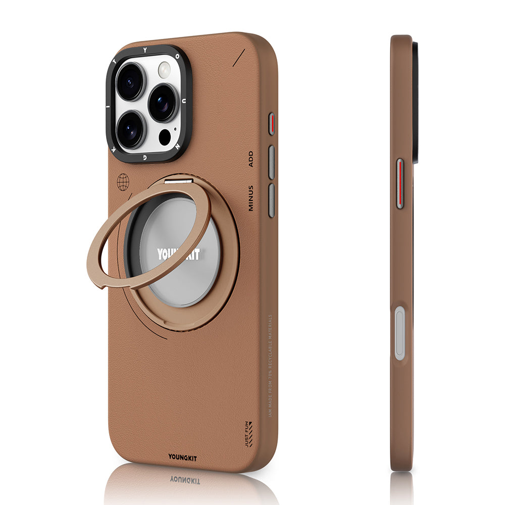 Apple iPhone 16 Pro Max Kılıf M-safe Şarj Özellikli 360° Standlı Basit Mat Deri Desenli Youngkit Tech Leather Serisi Kapak