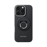 Apple iPhone 16 Pro Max Kılıf M-safe Şarj Özellikli Grip 3 Standlı Aramid Fiber Pitaka Military Grade Classic Serisi Black-Grey Twill Kapak
