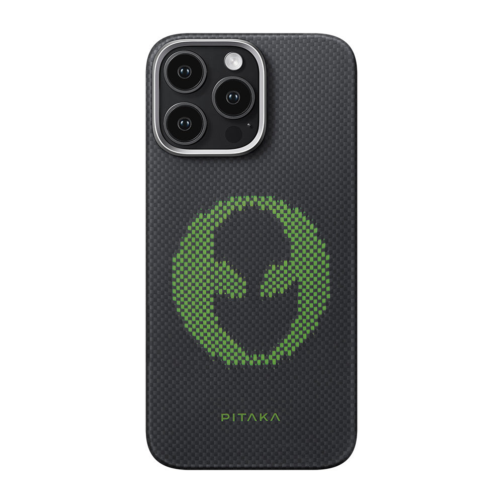 Apple iPhone 16 Pro Max Kılıf M-safe Şarj Özellikli Lumintex Teknolojili Fosforlu Aramid Fiber Pitaka Tactile Woven Aries Serisi Alien Kapak
