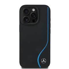Apple iPhone 16 Pro Max Kılıf Mercedes Benz Orjinal Lisanslı M-safe Şarj Özellikli 3D Metal Logolu Mavi Dikey Eğri Çizgili Deri Kapak