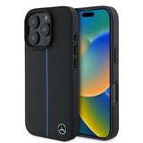 Apple iPhone 16 Pro Max Kılıf Mercedes Benz Orjinal Lisanslı M-safe Şarj Özellikli Metal Yıldız Logolu Mavi Çizgili Deri Kapak