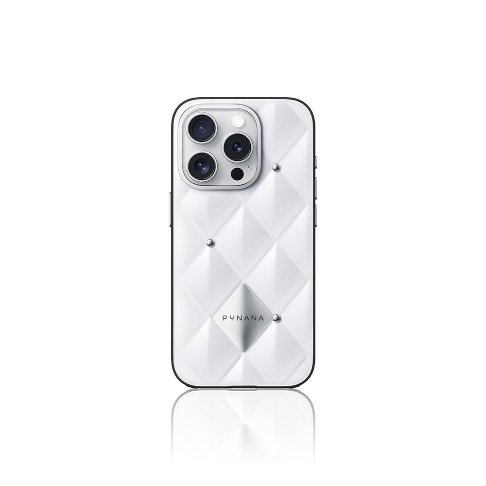 Apple iPhone 16 Pro Max Kılıf Parlak Arka Yüzeyli Kabartma Tasarımlı Kapitone Pynana Metal Diamond Serisi Kapak