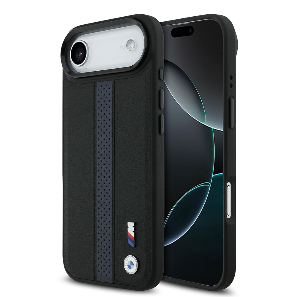 Apple iPhone 17 Air Kılıf BMW Orjinal Lisanslı M-safe Şarj Özellikli Deri Arka Yüzey Metal Logolu Delikli Şerit Tasarımlı Kapak