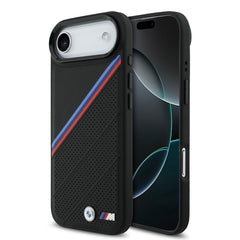 Apple iPhone 17 Air Kılıf BMW Orjinal Lisanslı M-safe Şarj Özellikli M Logolu Üç Şeritli Delikli Deri Kapak