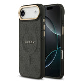 Apple iPhone 17 Air Kılıf Guess Orjinal Lisanslı M-safe Şarj Özellikli Gold Metal Kamera Çerçeveli PU Deri 4G Desenli Yazı Logolu Kapak