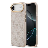 Apple iPhone 17 Air Kılıf Guess Orjinal Lisanslı M-safe Şarj Özellikli Gold Metal Kamera Çerçeveli PU Deri 4G Desenli Yazı Logolu Kapak