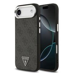 Apple iPhone 17 Air Kılıf Guess Orjinal Lisanslı M-safe Şarj Özellikli Gümüş Metal Kamera Çerçeveli Üçgen Logo 4G Desenli Kapak