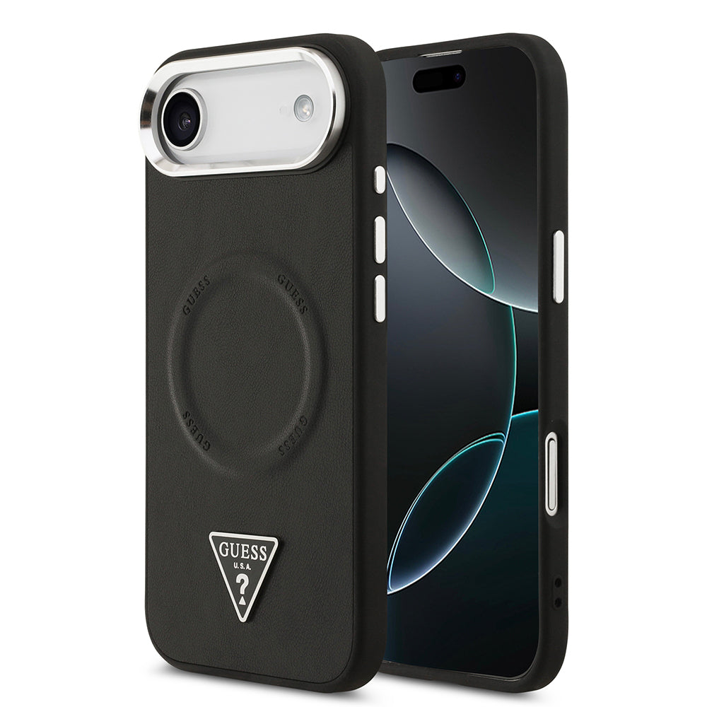 Apple iPhone 17 Air Kılıf Guess Orjinal Lisanslı M-safe Şarj Özellikli PU Deri Metal Kamera Çerçeveli Üçgen Logolu Kapak