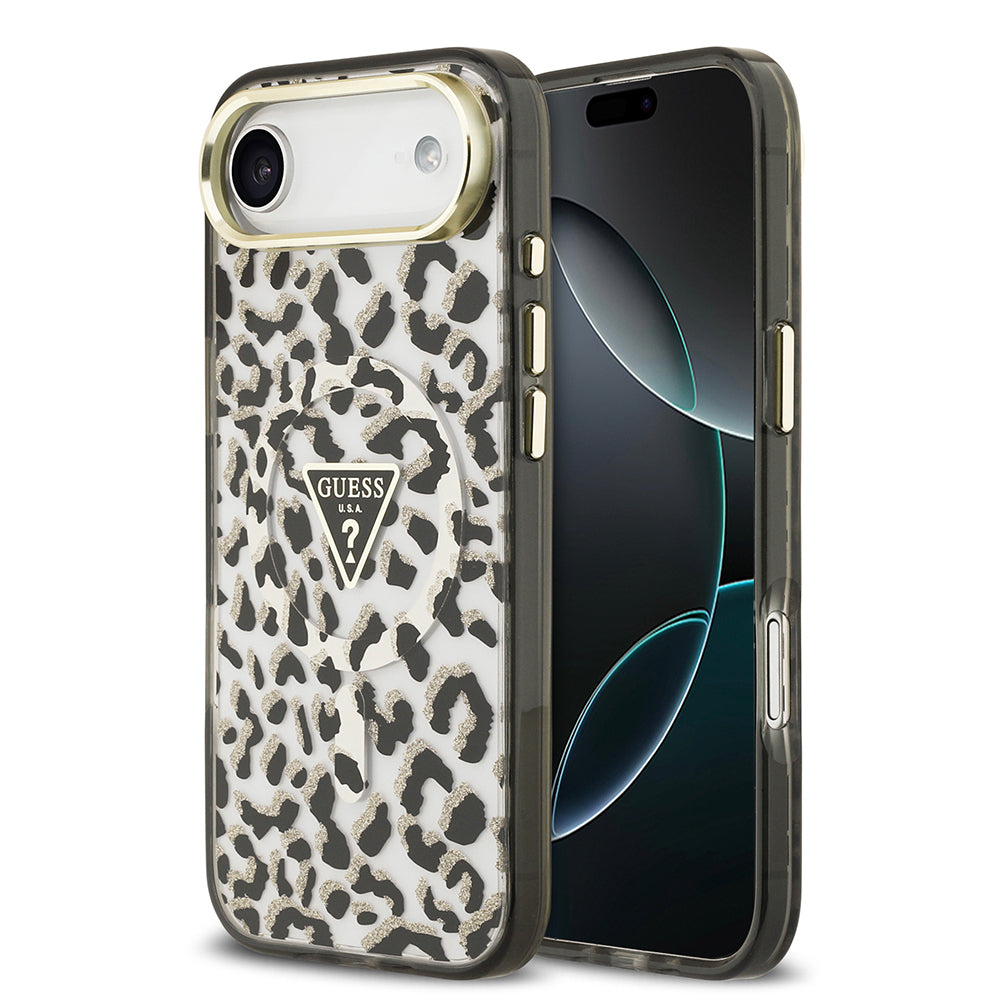 Apple iPhone 17 Air Kılıf Guess Orjinal Lisanslı M-safe Şarj Özellikli Üçgen Logolu Simli Leopar Desenli Kapak