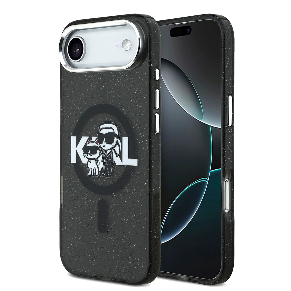 Apple iPhone 17 Air Kılıf Karl Lagerfeld Orjinal Lisanslı Parlayan Simli Karl & Choupette Sketch Logo Kapak