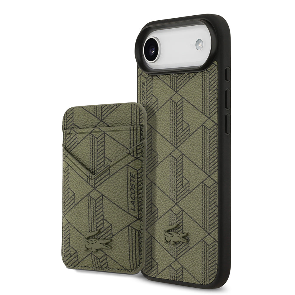 Apple iPhone 17 Air Kılıf Lacoste Orjinal Lisanslı M-safe Şarj Özellikli PU Deri Tasarımlı Kartlıklı Karışık Monogram Desenli Kapak