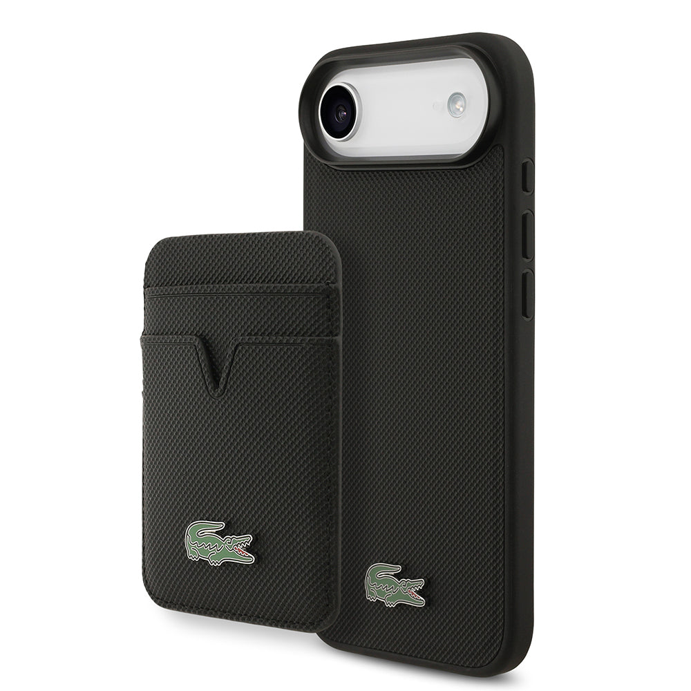 Apple iPhone 17 Air Kılıf Lacoste Orjinal Lisanslı M-safe Şarj Özellikli PU Pike Desenli Metal Logolu Kartlıklı Kapak