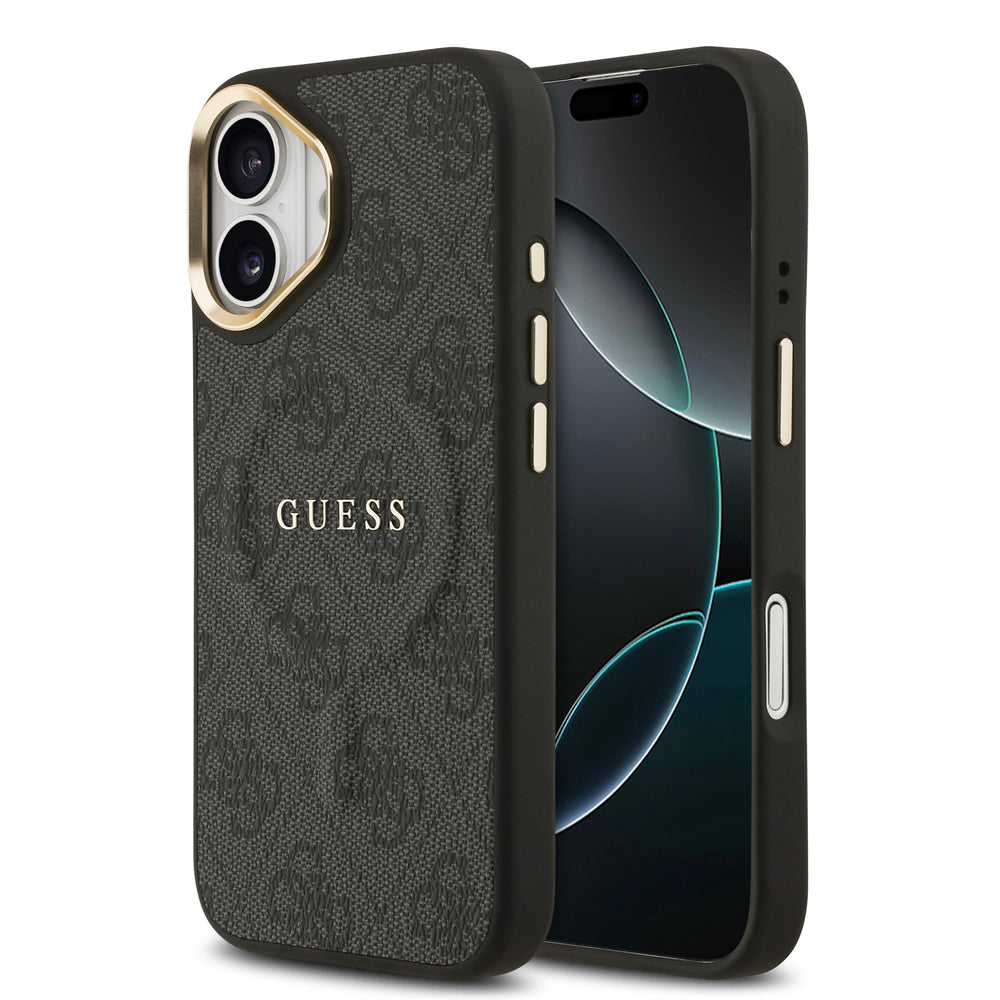 Apple iPhone 17 Kılıf Guess Orjinal Lisanslı M-safe Şarj Özellikli Gold Metal Kamera Çerçeveli PU Deri 4G Desenli Yazı Logolu Kapak