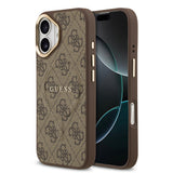 Apple iPhone 17 Kılıf Guess Orjinal Lisanslı M-safe Şarj Özellikli Gold Metal Kamera Çerçeveli PU Deri 4G Desenli Yazı Logolu Kapak