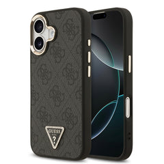 Apple iPhone 17 Kılıf Guess Orjinal Lisanslı M-safe Şarj Özellikli Gold Metal Kamera Çerçeveli Taşlı Üçgen Logo 4G Desenli Kapak